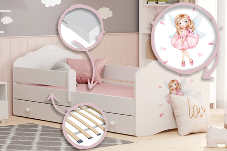 Lit enfant FALA 70x140 avec barrière, tiroir et graphisme - Fillette avec des ailes