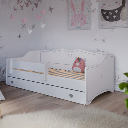Lit pour enfant EMMA 70x140 avec barrière et tiroir - Blanc / Gris