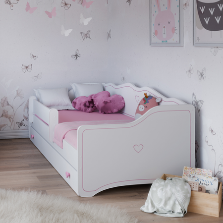 Lit pour enfant EMMA 80x160 avec barrière et tiroir - Blanc / Rose