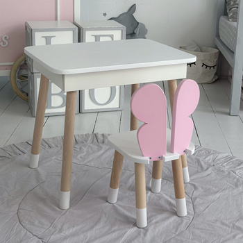 Table et chaise pour enfants. Table avec rangement pour crayons et livres de coloriage - couleur blanc et rose