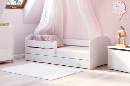 Lit simple LUK 70x140 avec barrière et tiroir - Blanc