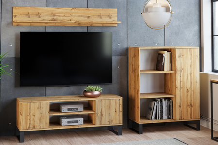 Meuble TV FOCUS 135 cm style loft, pieds en métal - Chêne Craft