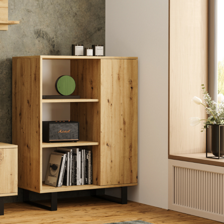 Commode FONDI avec armoire et étagère style loft, pieds en métal - Chêne Artisan