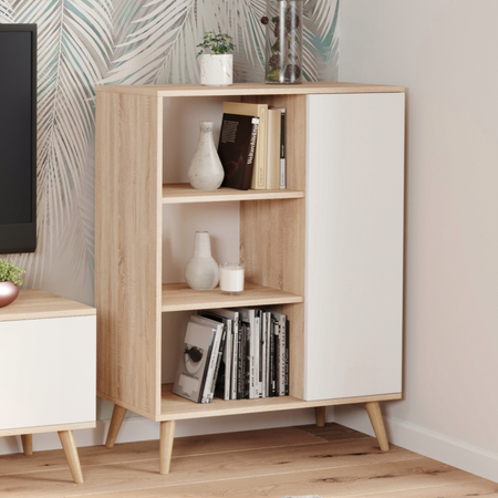 Commode FONDI armoire avec étagère, style scandinave, pieds en bois - Chêne Sonoma / Blanc