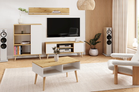 Meuble TV FOCUS 135 cm scandinave, pieds en bois - Chêne Artisan / Blanc