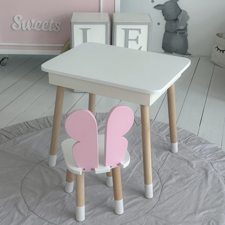 Table et chaise pour enfants. Table avec rangement pour crayons et livres de coloriage - couleur blanc et rose