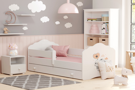 Lit enfant FALA 80x160 avec barrière, tiroir et graphisme - Éléphanteau
