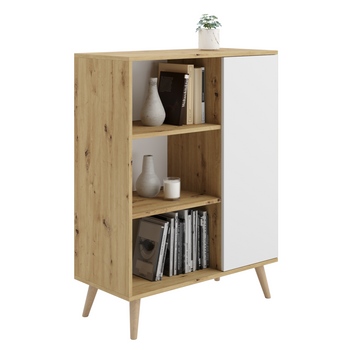 Commode FONDI armoire avec étagère, style scandinave, pieds en bois - Chêne Artisan / Blanc