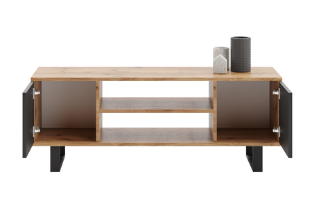 Meuble TV FOCUS 155 cm style loft, pieds en métal - Chêne Craft / Noir
