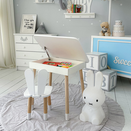Table et chaise d'enfant en lapin. Table avec rangement pour crayons et livres de coloriage - couleur blanche