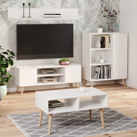 Commode FONDI armoire avec étagère, style scandinave, pieds en bois - Blanc
