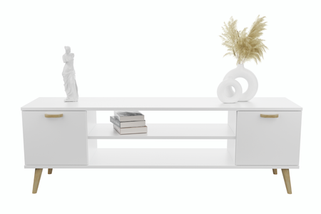 Meuble TV FOCUS 135 cm, style scandinave, pieds en bois - Blanc