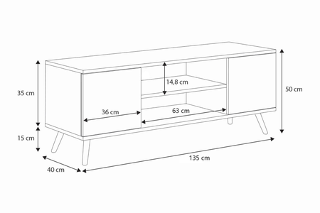 Meuble TV FOCUS 135 cm scandinave, pieds en bois - Chêne Artisan