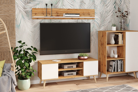Meuble TV FOCUS 155 cm scandinave, pieds en bois - Chêne Craft / Blanc