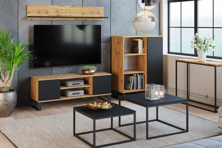 Meuble TV FOCUS 155 cm style loft, pieds en métal - Chêne Craft / Noir