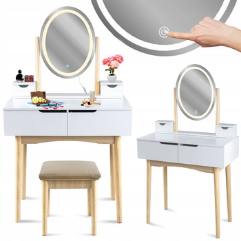 Coiffeuse cosmétique avec miroir LED - tabouret gris