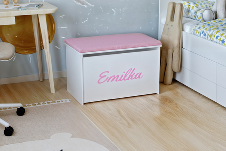 Coffre à jouets DARIA - Blanc avec imprimé, panneau rose