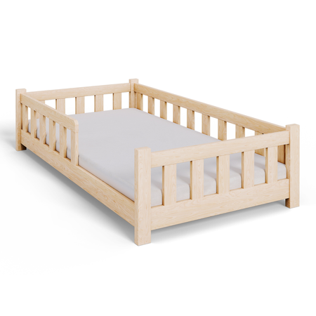 Lit enfant PINI 80x160 en bois bas non verni avec matelas - Naturel