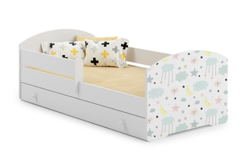 Lit enfant LUK 70x140 avec barrière, tiroir et graphique - Étoiles