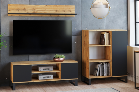 Meuble TV FOCUS 155 cm style loft, pieds en métal - Chêne Craft / Noir