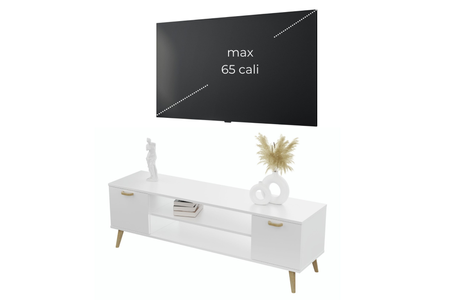 Meuble TV FOCUS 155 cm, style scandinave, pieds en bois - Blanc