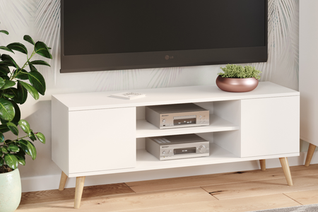 Meuble TV FOCUS 155 cm, style scandinave, pieds en bois - Blanc