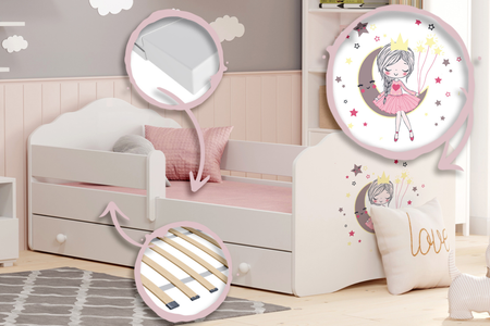 Lit enfant FALA 80x160 avec barrière, tiroir et graphisme - Princesse Endormie