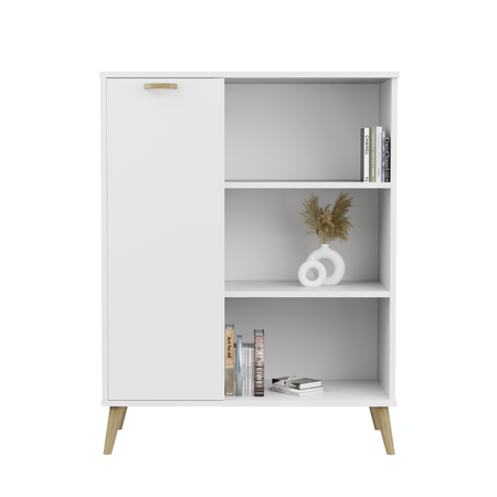 Commode FONDI avec armoire et étagère style scandinave, poignée et pieds en bois - Blanc