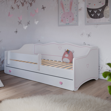 Lit pour enfant EMMA 70x140 avec barrière et tiroir - Blanc / Rose