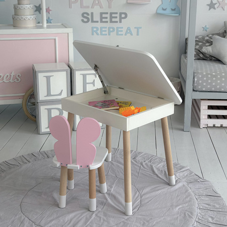 Table et chaise pour enfants. Table avec rangement pour crayons et livres de coloriage - couleur blanc et rose
