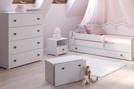Coffre à jouets INGA - Blanc, poignées grises en forme de cœur