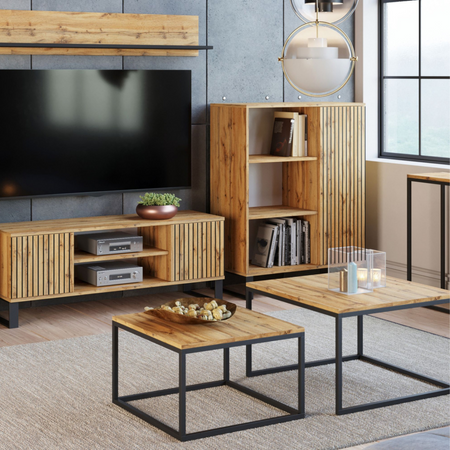 Commode FONDI avec armoire et étagère style loft, pieds en métal, impression lamelles - Chêne Craft