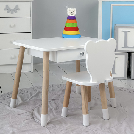 Table enfant ourson avec tiroir et chaise - blanc