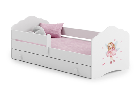 Lit enfant FALA 70x140 avec barrière, tiroir et graphisme - Fillette avec des ailes