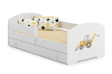 Lit enfant LUK 80x160 avec barrière, tiroir et graphique - Pelleteuse