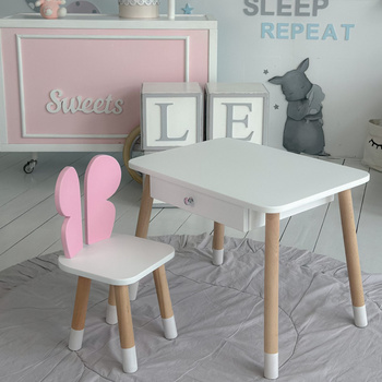 Table enfant avec tiroir et chaise Butterfly - couleur blanc et rose