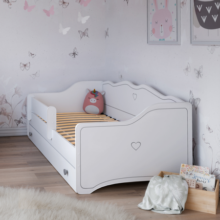 Lit pour enfant EMMA 80x160 avec barrière et tiroir - Blanc / Gris