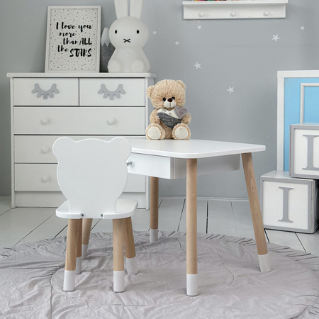 Table enfant ourson avec tiroir et chaise - blanc