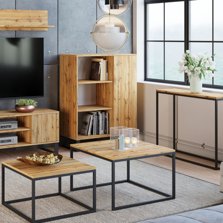Commode FONDI avec armoire et étagère style loft, pieds en métal - Chêne Craft