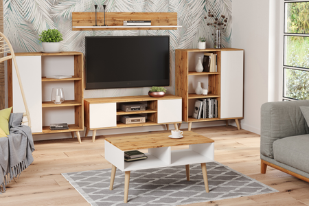 Meuble TV FOCUS 155 cm scandinave, pieds en bois - Chêne Craft / Blanc