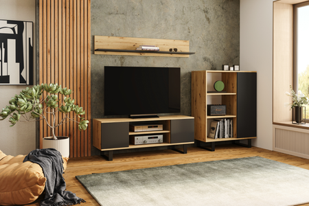 Meuble TV FOCUS 155 cm style loft, pieds en métal - Chêne Artisan / Noir