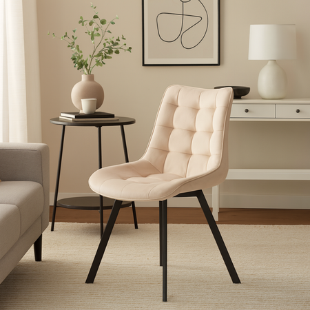 Chaise ROXY capitonnée en velours matelassé - couleur Crème, pieds Noirs