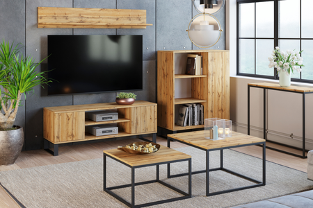 Meuble TV FOCUS 155 cm style loft, pieds en métal - Chêne Craft