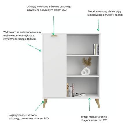 Commode FONDI avec armoire et étagère style scandinave, poignée et pieds en bois - Blanc