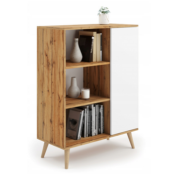 Commode FONDI armoire avec étagère, style scandinave, pieds en bois - Chêne Craft / Blanc