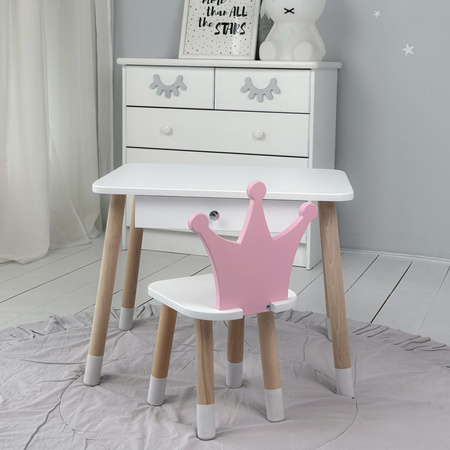 Table enfant avec tiroir et chaise Crown - couleur blanc et rose