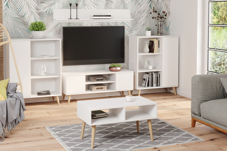 Table basse SANDI de style scandinave avec pieds en bois - Blanc