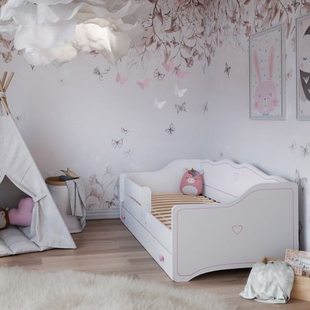Lit pour enfant EMMA 80x160 avec barrière et tiroir - Blanc / Rose