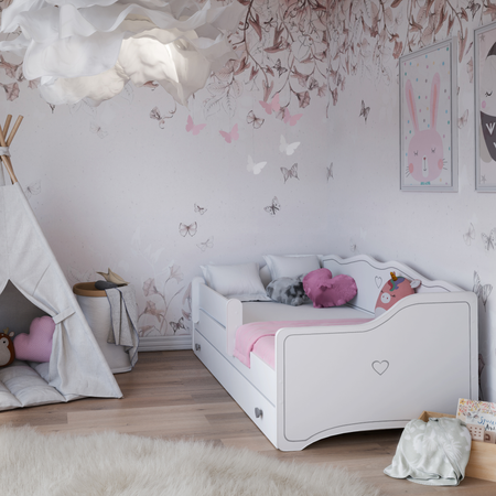 Lit pour enfant EMMA 80x180 avec barrière et tiroir - Blanc / Gris