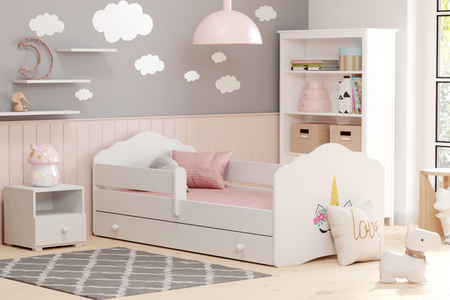 Lit enfant FALA 80x160 avec barrière, tiroir et graphisme - Licorne